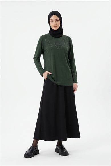 Önü ve Kolları Çiçek Desenli Taş Detaylı Anne Penyesi Haki 25YTD485