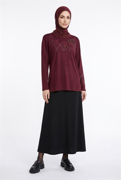 Önü ve Kolları Çiçek Desenli Taş Detaylı Anne Penyesi Bordo 25YTD485