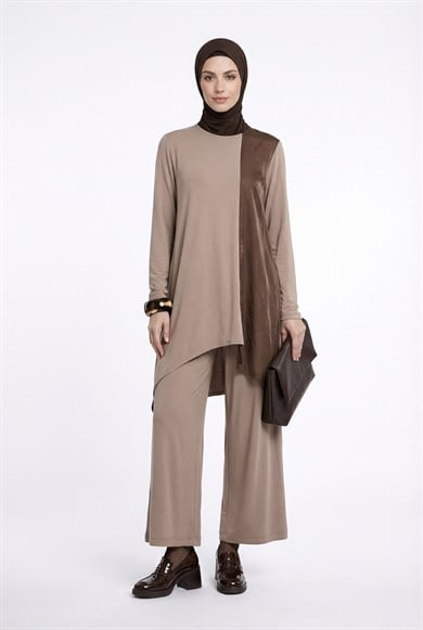 Paraşüt Detaylı Asimetrik Kesim Pantolonlu İkili Takım Vizon 25KT6110