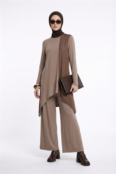 Paraşüt Detaylı Asimetrik Kesim Pantolonlu İkili Takım Vizon 25KT6110