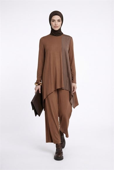 Paraşüt Detaylı Asimetrik Kesim Pantolonlu İkili Takım Toprak 25KT6110
