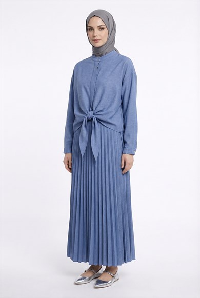 Pileli Etekli Kolları Lastikli Belden Kurdele Detaylı Etekli İkili Takım Açık Mavi 25YT656