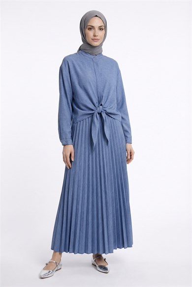Pileli Etekli Kolları Lastikli Belden Kurdele Detaylı Etekli İkili Takım Açık Mavi 25YT656