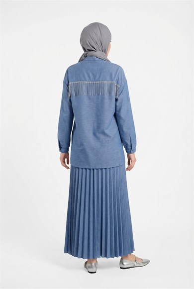 Pileli Etekli Kolları Lastikli Belden Kurdele Detaylı Etekli İkili Takım Açık Mavi 25YT656