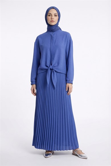 Pileli Etekli Kolları Lastikli Belden Kurdele Detaylı Etekli İkili Takım İndigo 25YT656