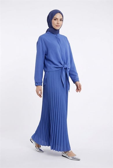 Pileli Etekli Kolları Lastikli Belden Kurdele Detaylı Etekli İkili Takım İndigo 25YT656