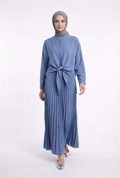 Pileli Etekli Kolları Lastikli Belden Kurdele Detaylı Etekli İkili Takım Açık Mavi 25YT656