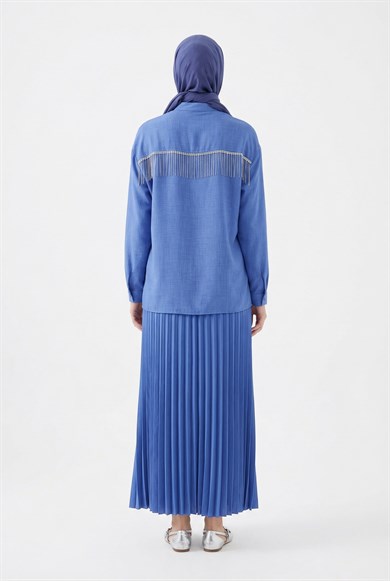 Pileli Etekli Kolları Lastikli Belden Kurdele Detaylı Etekli İkili Takım İndigo 25YT656