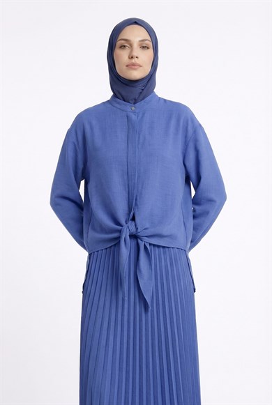 Pileli Etekli Kolları Lastikli Belden Kurdele Detaylı Etekli İkili Takım İndigo 25YT656