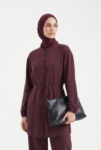 Sahte Düğme Detaylı Beli İpli Pantolonlu İkili Takım Mürdüm 26YT678