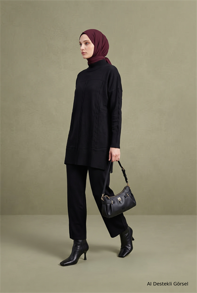 Bisiklet Yaka Örgü Desenli Uzun Tunik Siyah 22KD600 