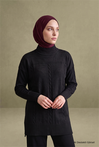 Bisiklet Yaka Örgü Desenli Uzun Tunik Siyah 22KD600 