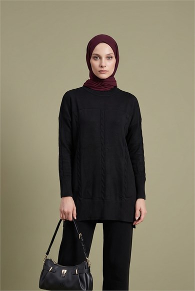 Bisiklet Yaka Örgü Desenli Uzun Tunik Siyah 22KD600 