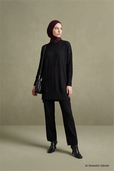 Bisiklet Yaka Örgü Desenli Uzun Tunik Siyah 22KD600 