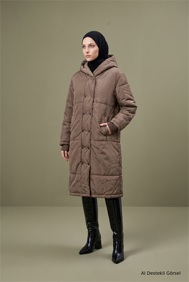 Tam Boy Çıtçıt Düğmeli Çift Cepli Kapüşonlu Mont 116 Cm Boy Vizon 25KT751