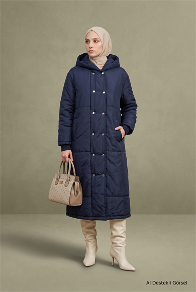 Tam Boy Çıtçıt Düğmeli Çift Cepli Kapüşonlu Mont 116 Cm Boy Lacivert 25KT751