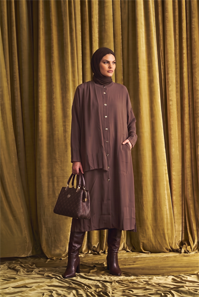 Tam Boy Düğmeli Yandan Cepli Kol Detaylı Tunik 120 Cm Boy Mocha 26KTD909