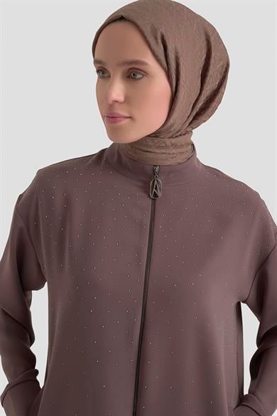 Taş Detaylı Fermuarlı Pantolonlu İkili Takım Latte 26YT625