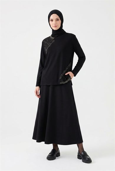 Taş Detaylı Kendinden Desenli Anne Penyesi Siyah 25YTD480