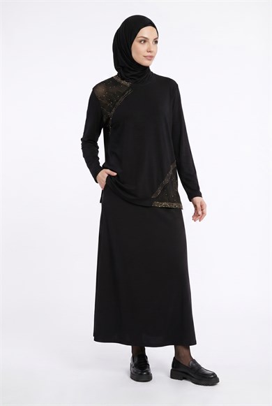 Taş Detaylı Kendinden Desenli Anne Penyesi Siyah 25YTD480