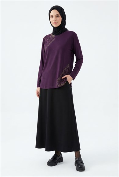 Taş Detaylı Kendinden Desenli Anne Penyesi Mürdüm 25YTD480