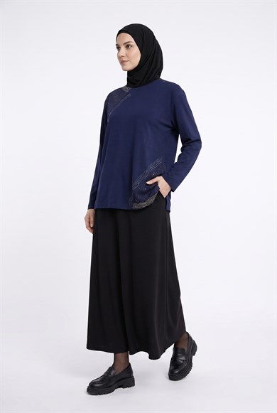 Taş Detaylı Kendinden Desenli Anne Penyesi Lacivert 25YTD480