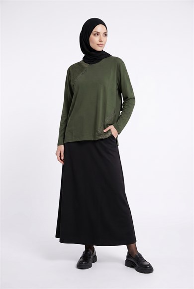 Taş Detaylı Kendinden Desenli Anne Penyesi Haki 25YTD480