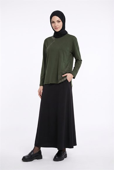 Taş Detaylı Kendinden Desenli Anne Penyesi Haki 25YTD480