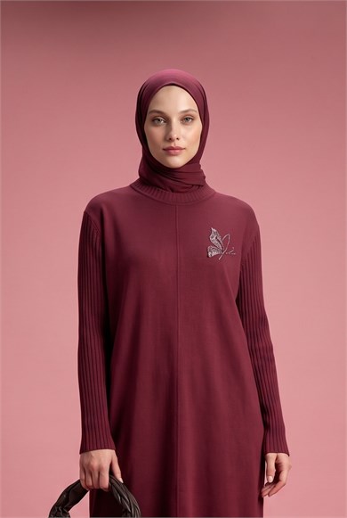 Taş İşleme Detaylı Bisiklet Yaka Uzun Kollu Fitilli Detaylı Tunik Bordo 26KAD407