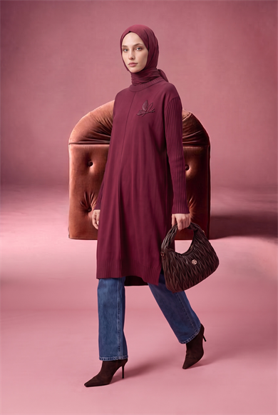 Taş İşleme Detaylı Bisiklet Yaka Uzun Kollu Fitilli Detaylı Tunik Bordo 26KAD407