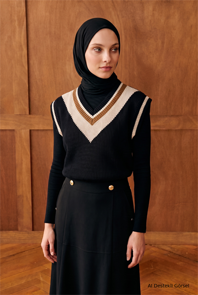 V Yaka Çizgi Detaylı Triko Süveter Siyah 22KD4212