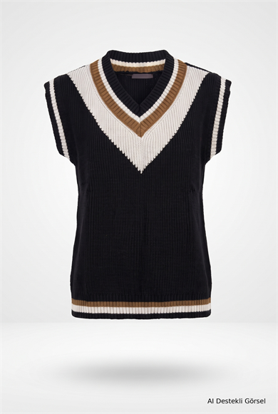 V Yaka Çizgi Detaylı Triko Süveter Siyah 22KD4212