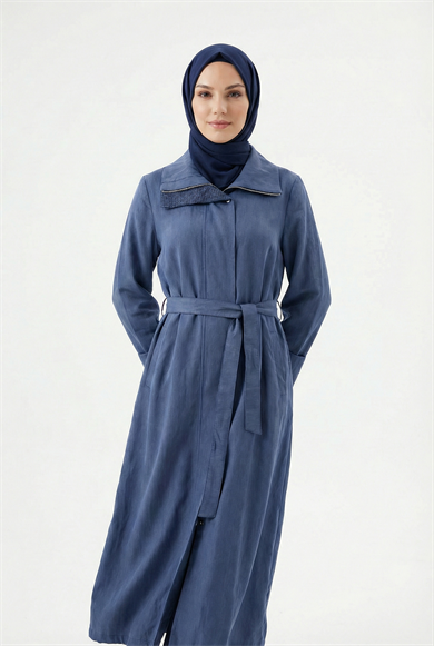 Yakası File Detaylı Belden Kuşaklı Yandan Fermuarlı Kap Lacivert 26YT702