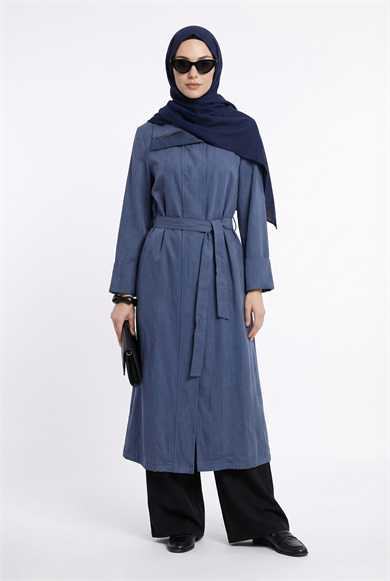 Yakası File Detaylı Belden Kuşaklı Yandan Fermuarlı Kap Lacivert 26YT702