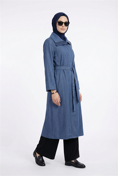 Yakası File Detaylı Belden Kuşaklı Yandan Fermuarlı Kap Lacivert 26YT702