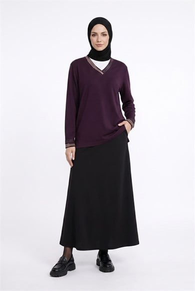 Yakası Taş ve Şerit Detaylı Anne Penyesi Mürdüm 25YTD475