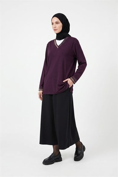 Yakası Taş ve Şerit Detaylı Anne Penyesi Mürdüm 25YTD475