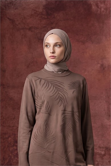 Yaprak Desenli Bisiklet Yaka Uzun Kollu Fitilli Detaylı Tunik Mocha 26KTD408