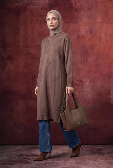 Yaprak Desenli Bisiklet Yaka Uzun Kollu Fitilli Detaylı Tunik Mocha 26KTD408