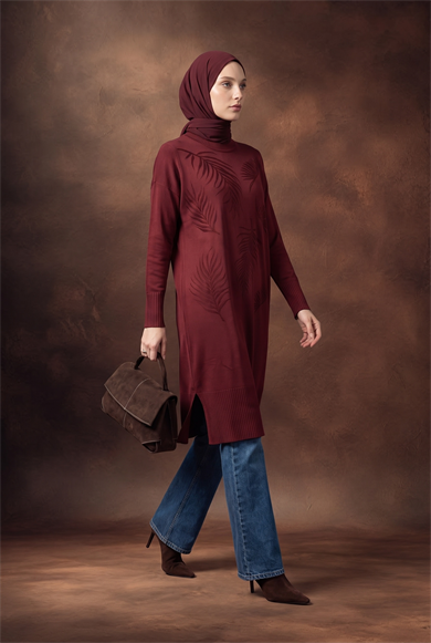 Yaprak Desenli Bisiklet Yaka Uzun Kollu Fitilli Detaylı Tunik Bordo 26KTD408