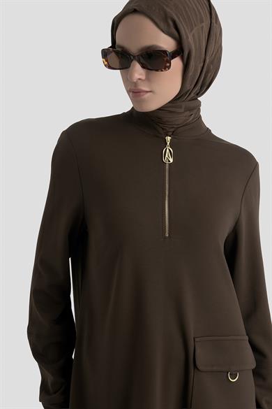 Yarım Fermuarlı Cebi Halka Detaylı Tunik Acı Kahve 25KT463
