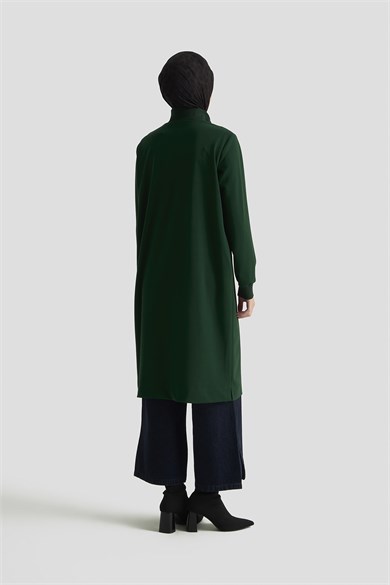 Yarım Fermuarlı Dik Yaka Uzun Kollu Rahat Kesim Basic Uzun Tunik 107 Cm Boy Zümrüt 26KT456