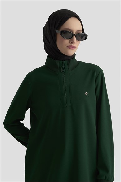 Yarım Fermuarlı Dik Yaka Uzun Kollu Rahat Kesim Basic Uzun Tunik 107 Cm Boy Zümrüt 26KT456