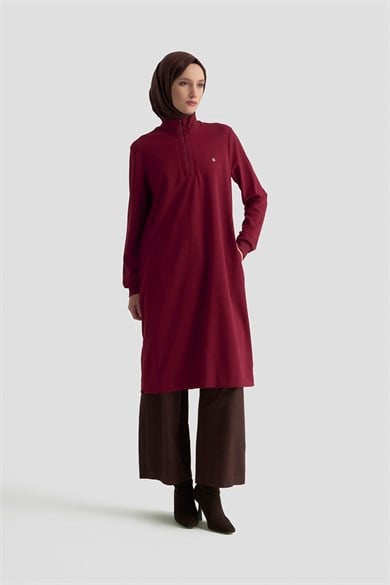 Yarım Fermuarlı Dik Yaka Uzun Kollu Rahat Kesim Basic Uzun Tunik 107 Cm Boy Bordo 26KT456