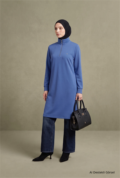 Yarım Fermuarlı Dik Yaka Uzun Kollu Rahat Kesim Basic Uzun Tunik 107 Cm Boy Mavi 26KT456