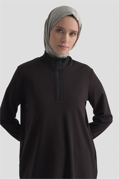 Yarım Fermuarlı Dik Yaka Uzun Kollu Rahat Kesim Basic Uzun Tunik 107 Cm Boy Siyah 26KT456