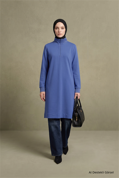 Yarım Fermuarlı Dik Yaka Uzun Kollu Rahat Kesim Basic Uzun Tunik 107 Cm Boy Mavi 26KT456