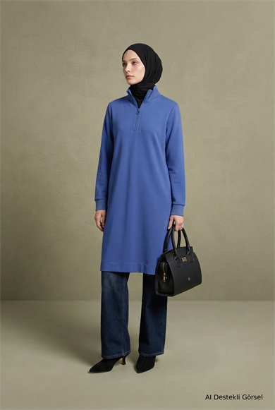 Yarım Fermuarlı Dik Yaka Uzun Kollu Rahat Kesim Basic Uzun Tunik 107 Cm Boy Mavi 26KT456