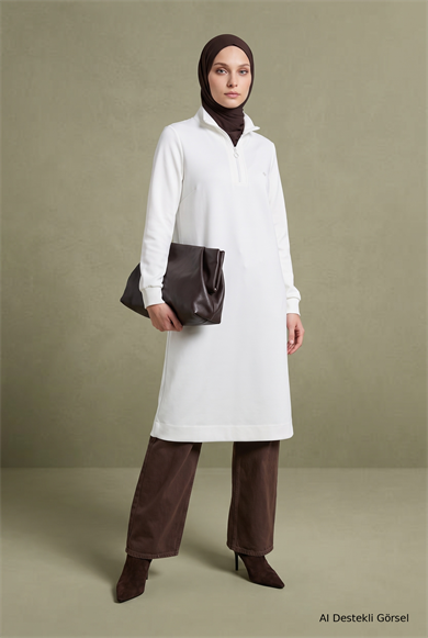 Yarım Fermuarlı Dik Yaka Uzun Kollu Rahat Kesim Basic Uzun Tunik 107 Cm Boy Ekru 26KT456