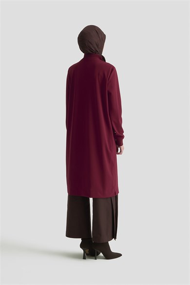 Yarım Fermuarlı Dik Yaka Uzun Kollu Rahat Kesim Basic Uzun Tunik 107 Cm Boy Bordo 26KT456